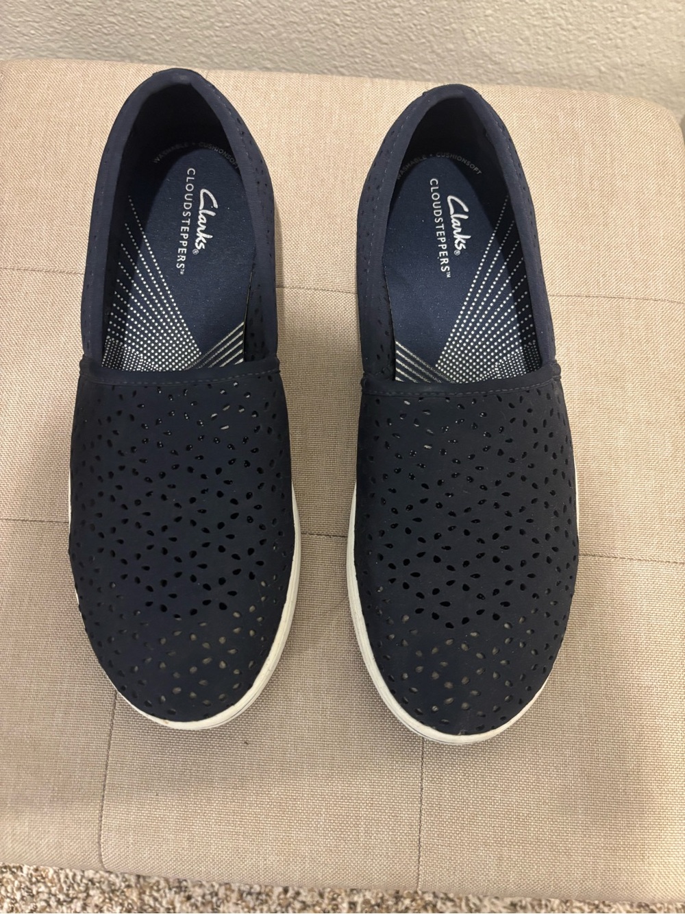 Clarks Navy Perforated Cloudsteppers Slip-Ons - Women's